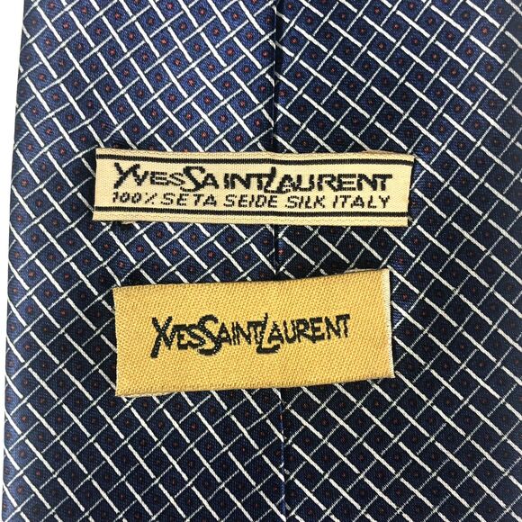 Yves Saint Laurent YSL Paris Tie 100% Silk Handmade Blue Geometric Grid Pattern - Picture 8 of 9